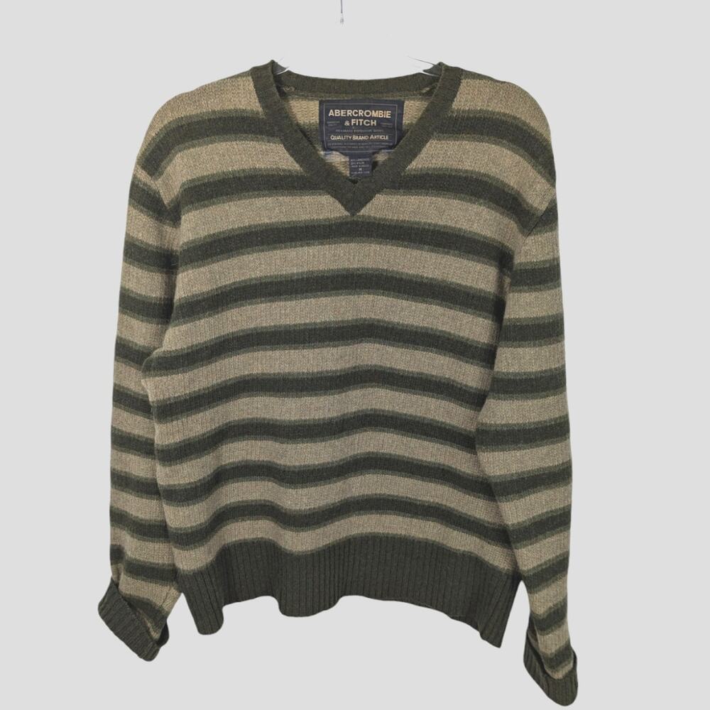 VTG Abercrombie & Fitch Wool Striped Men's V Neck Sweater Green Tan Preppy M